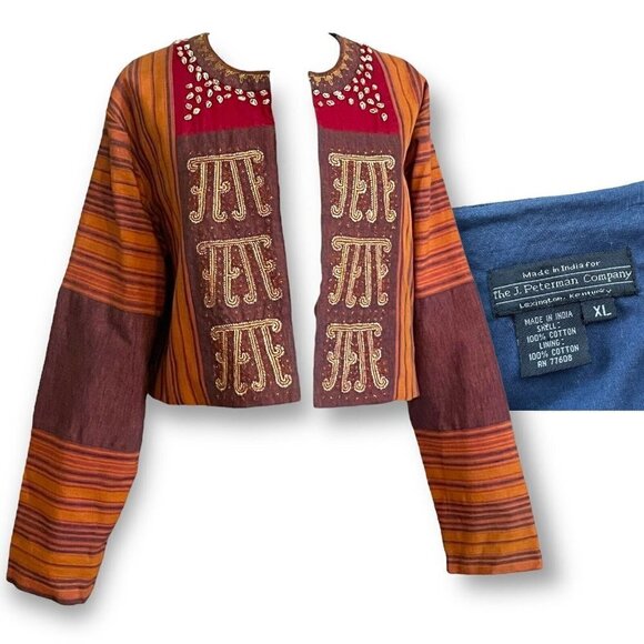J Peterman Vintage Patchwork Boho Bolero Jacket Womens SZ XL Beaded Shells Coat - Picture 1 of 11